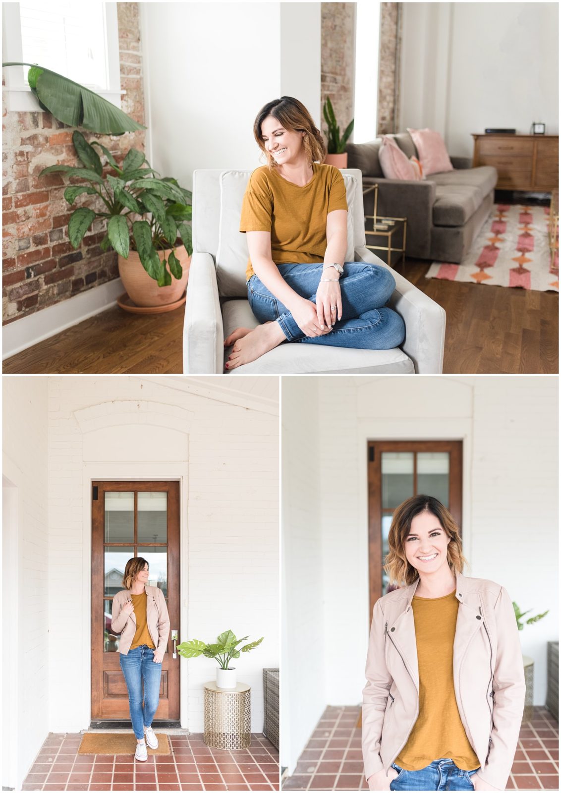 Collage of 3 pictures from a Nashville brand photoshoot. Female business owner posing at a chair in a mustard yellow shirt and outside in front of a white house.