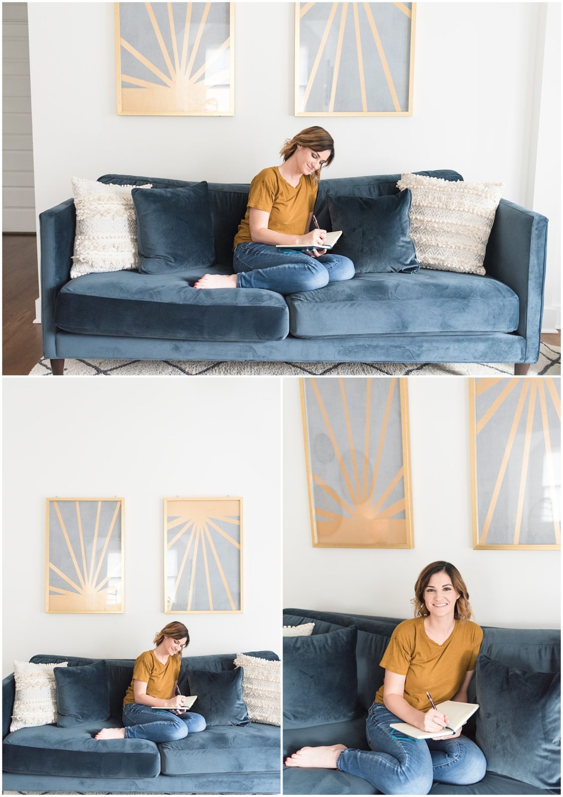 Female business owner in mustard yellow shirt sitting at a navy velvet couch for brand photos in Nashville.