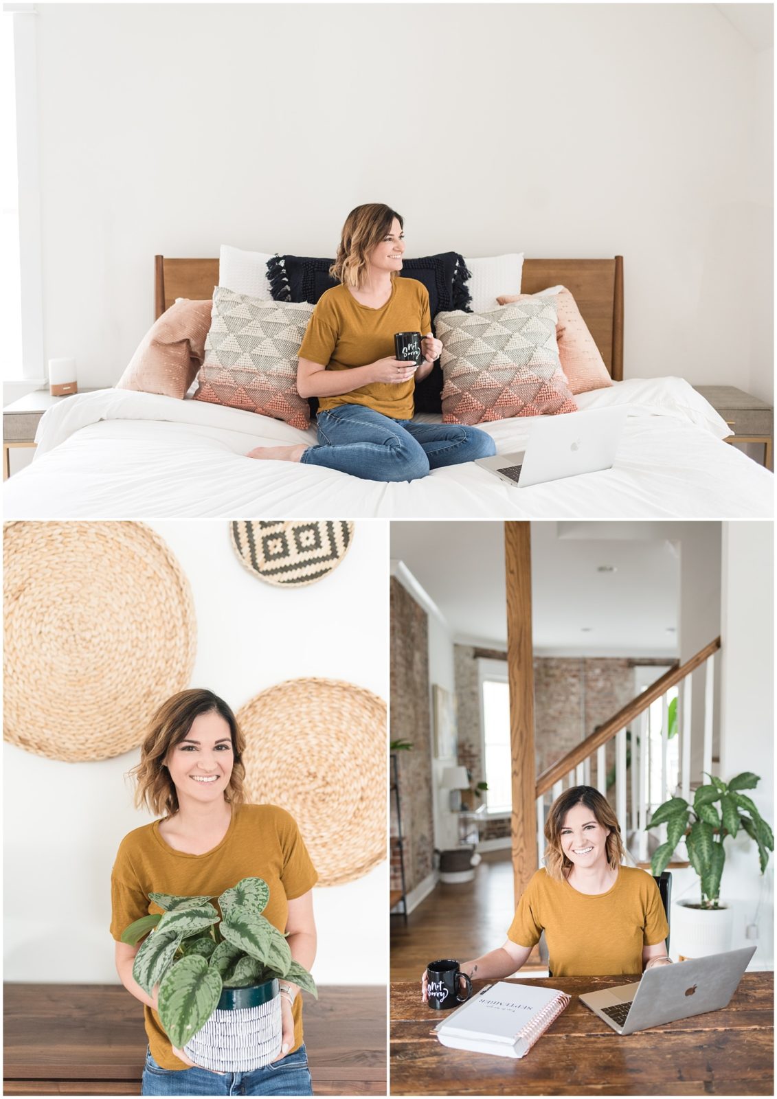 Collage of 3 pictures from a Nashville brand photoshoot. Female business owner posing at a wooden table with a laptop and on a white bed with a coffee mug that says "not sorry". 