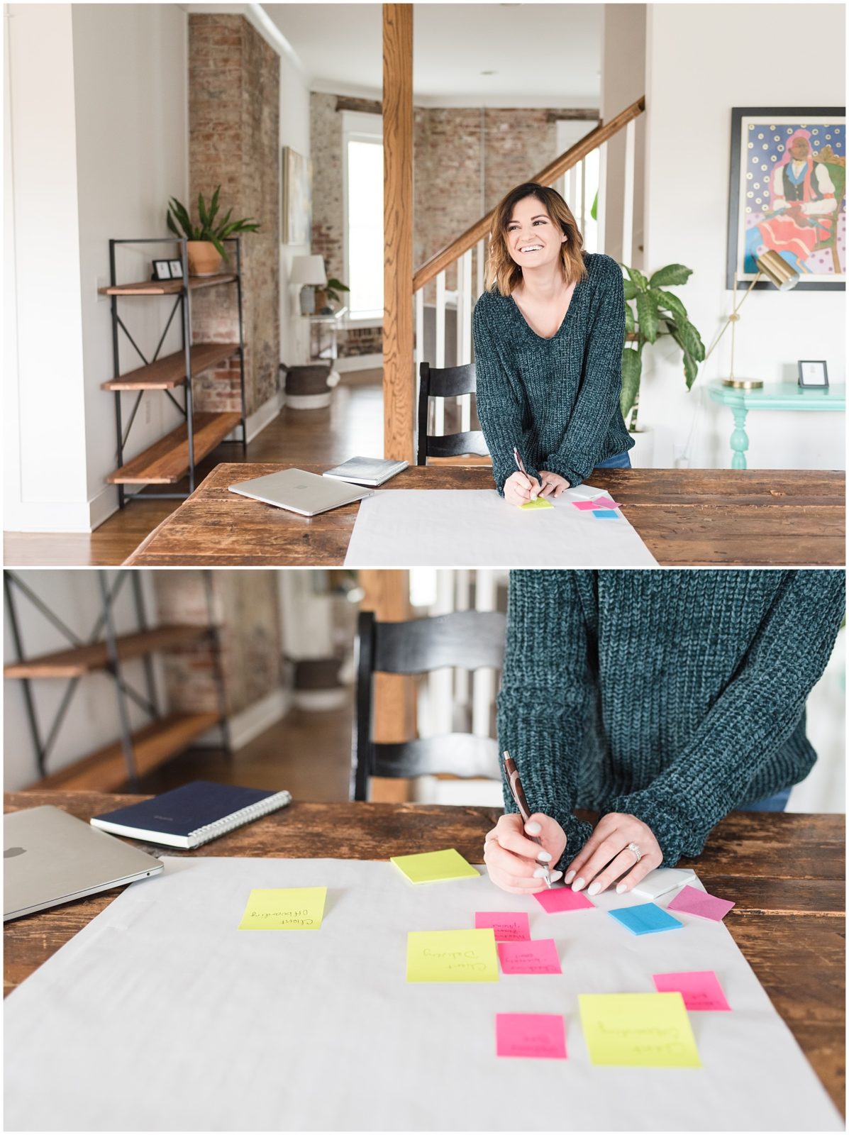 Woman business owner in a dark teal sweater writing on post-it notes for a brand photoshoot.