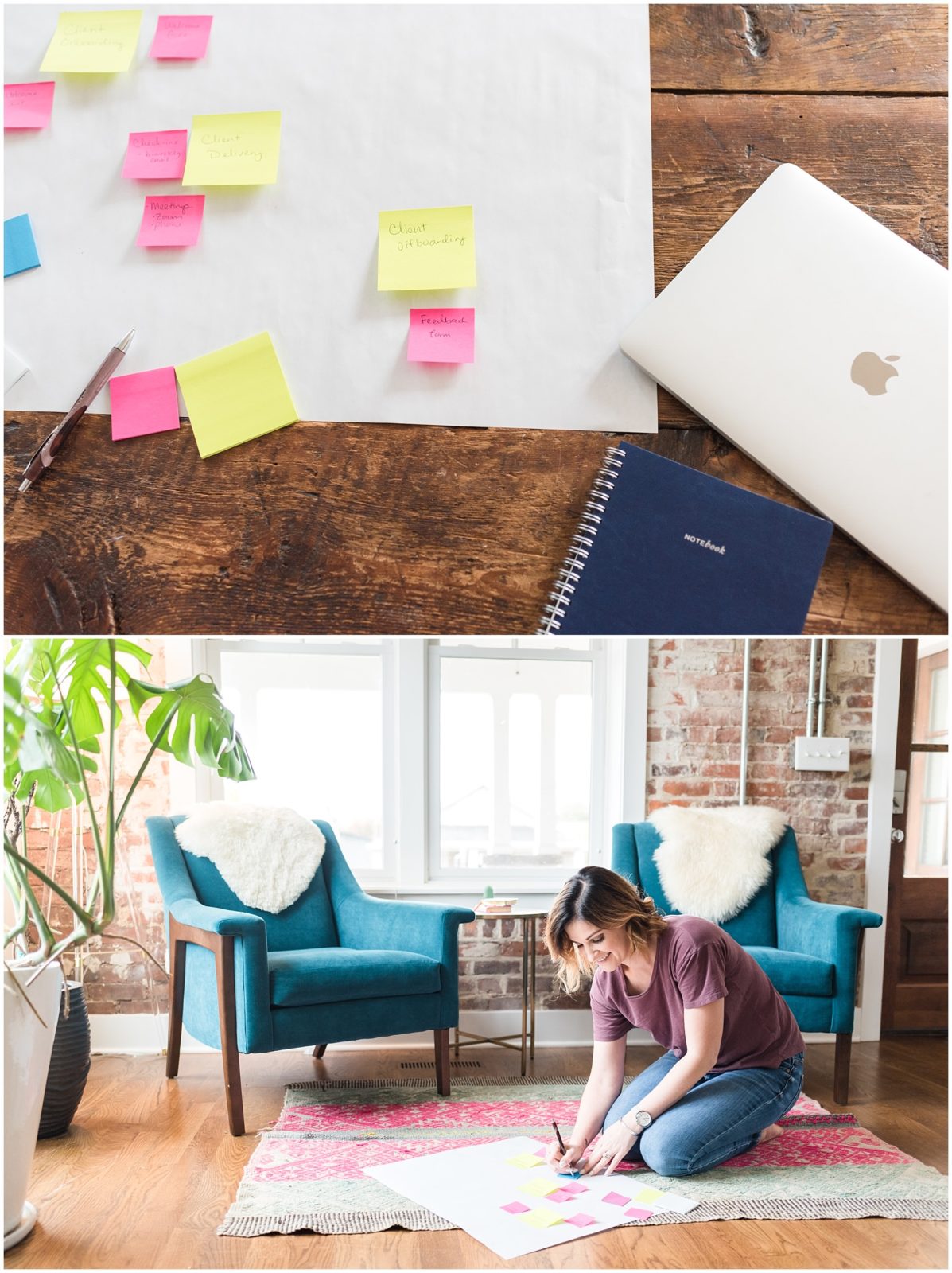 Woman business owner writing on post-it notes for a business photoshoot.