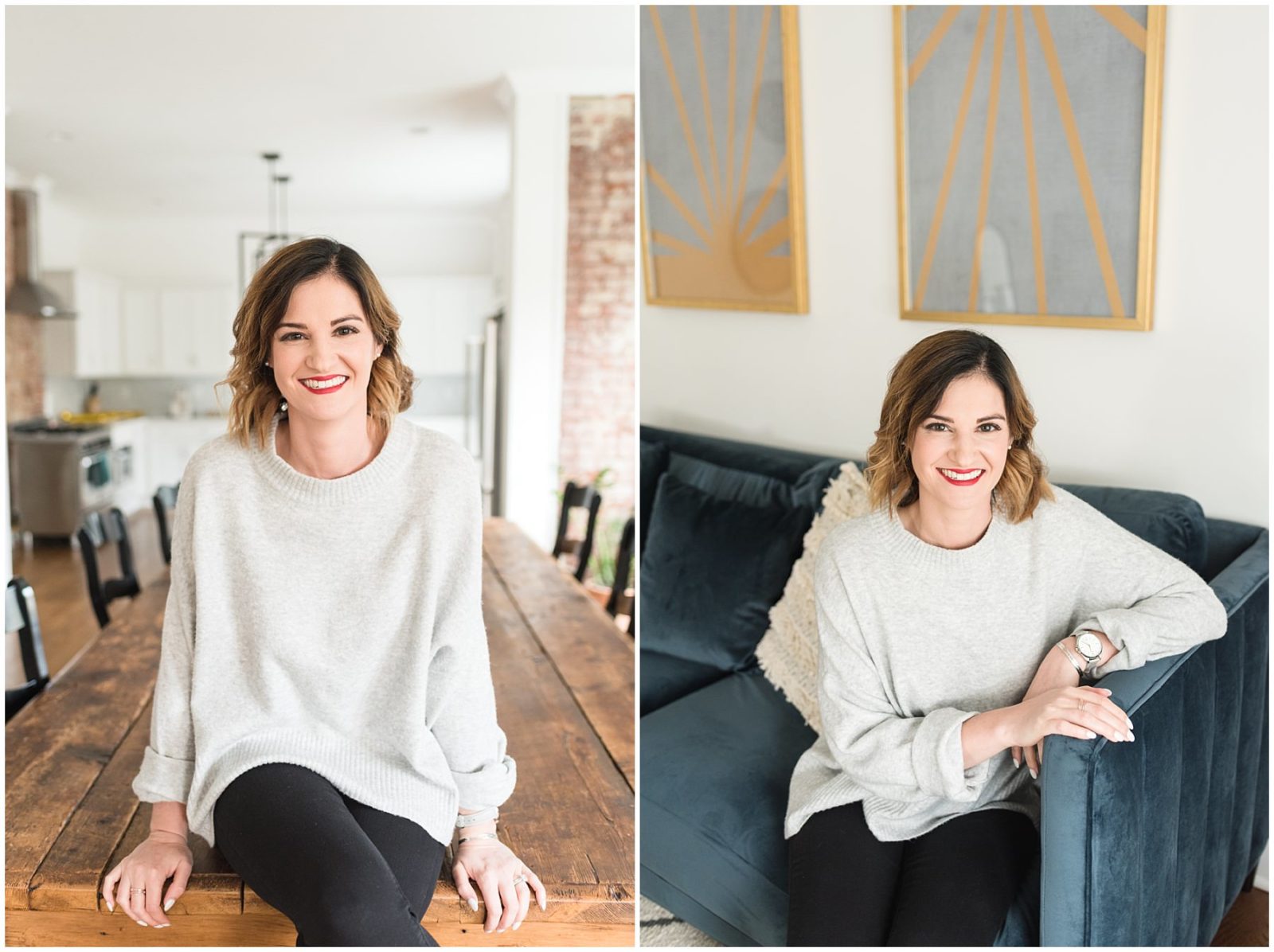 Headshots of a female business owner in a grey sweater. She's sitting on a wooden table for one and is relaxed and leaning on the arm of a navy couch for another.
