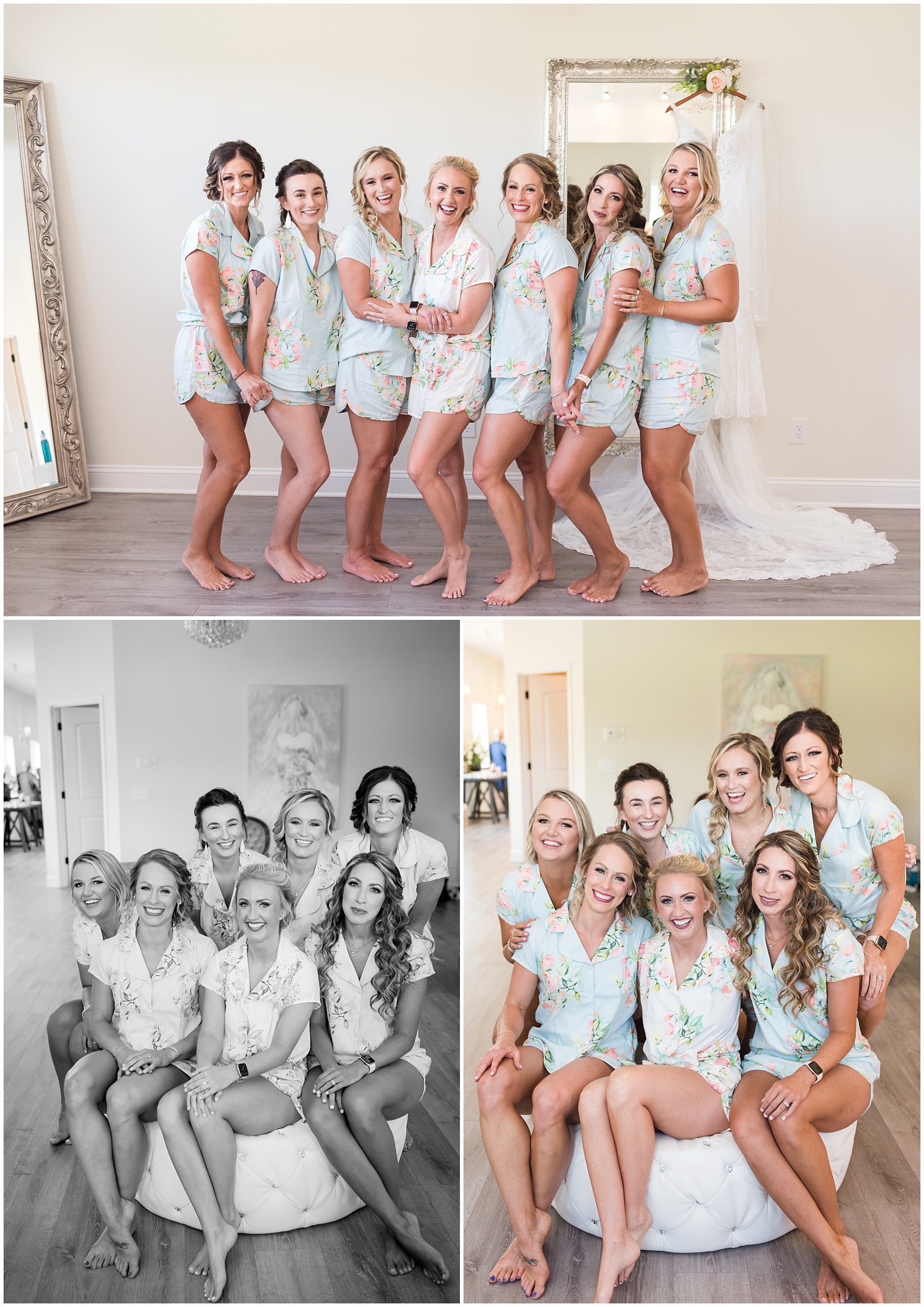 Bride and Bridesmaids posing in their matching pjs on the wedding day at Tucker's Gap Event Center