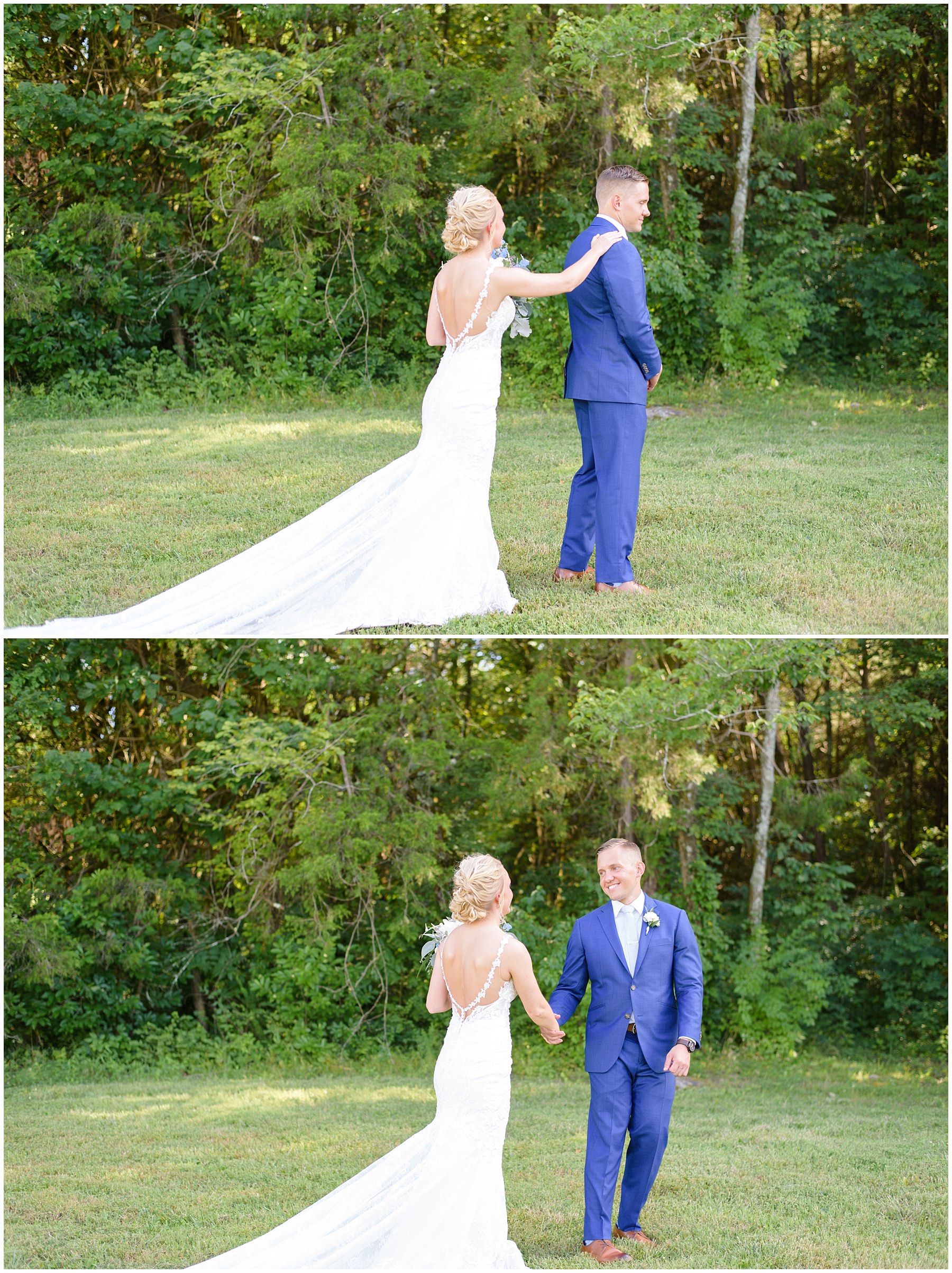 Nashville bride and groom's first look during their wedding day at Tucker's Gap Event Center