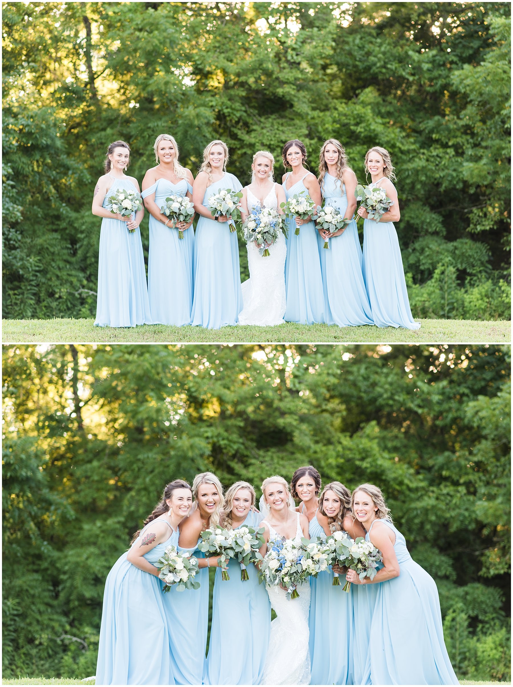 Bridesmaids in light blue dresses and bride posed for wedding portraits at Tucker's Gap in Lebanon, TN
