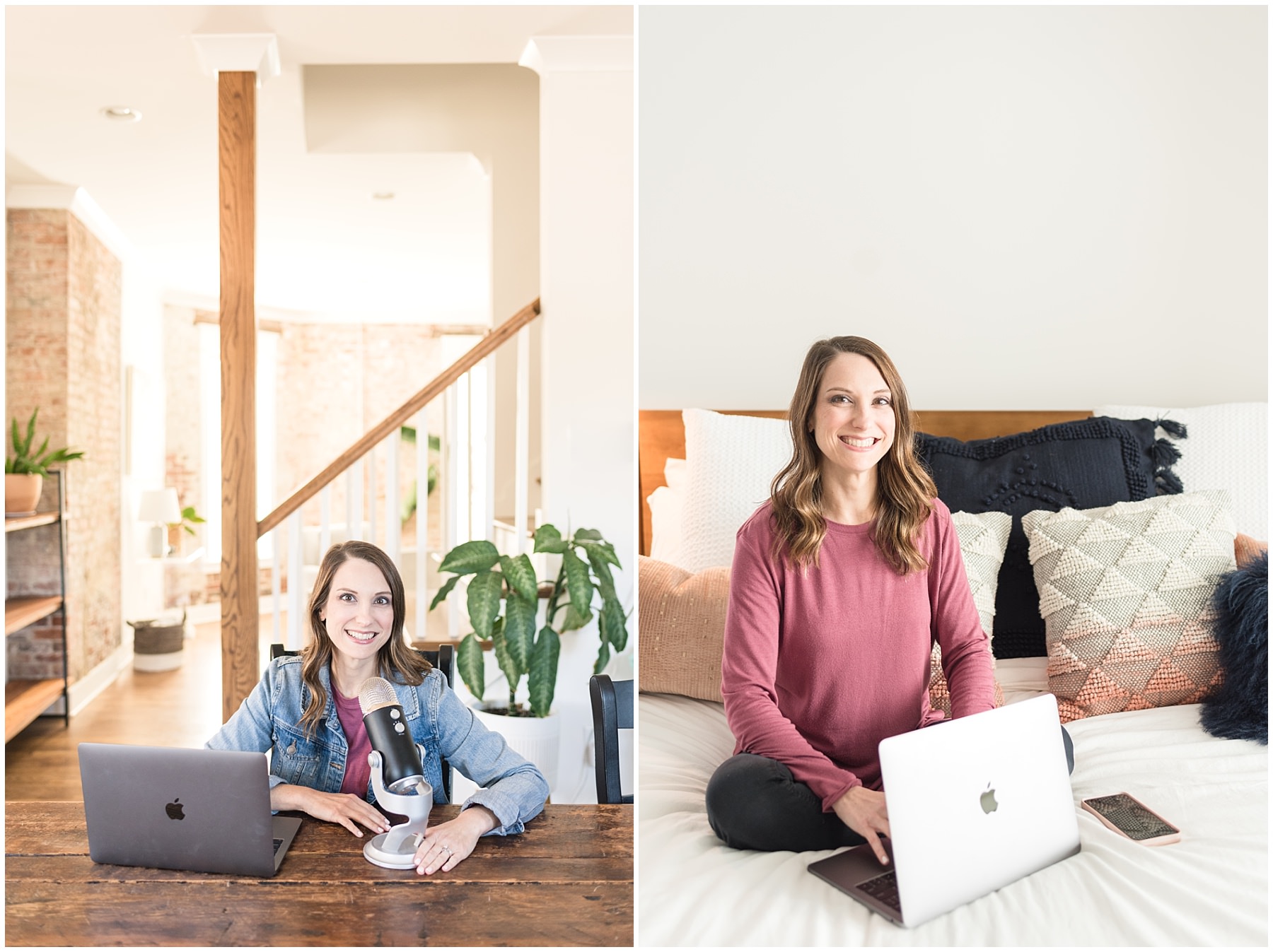 Professional lifestyle headshots for a woman business owner on her laptop and with her podcast microphone