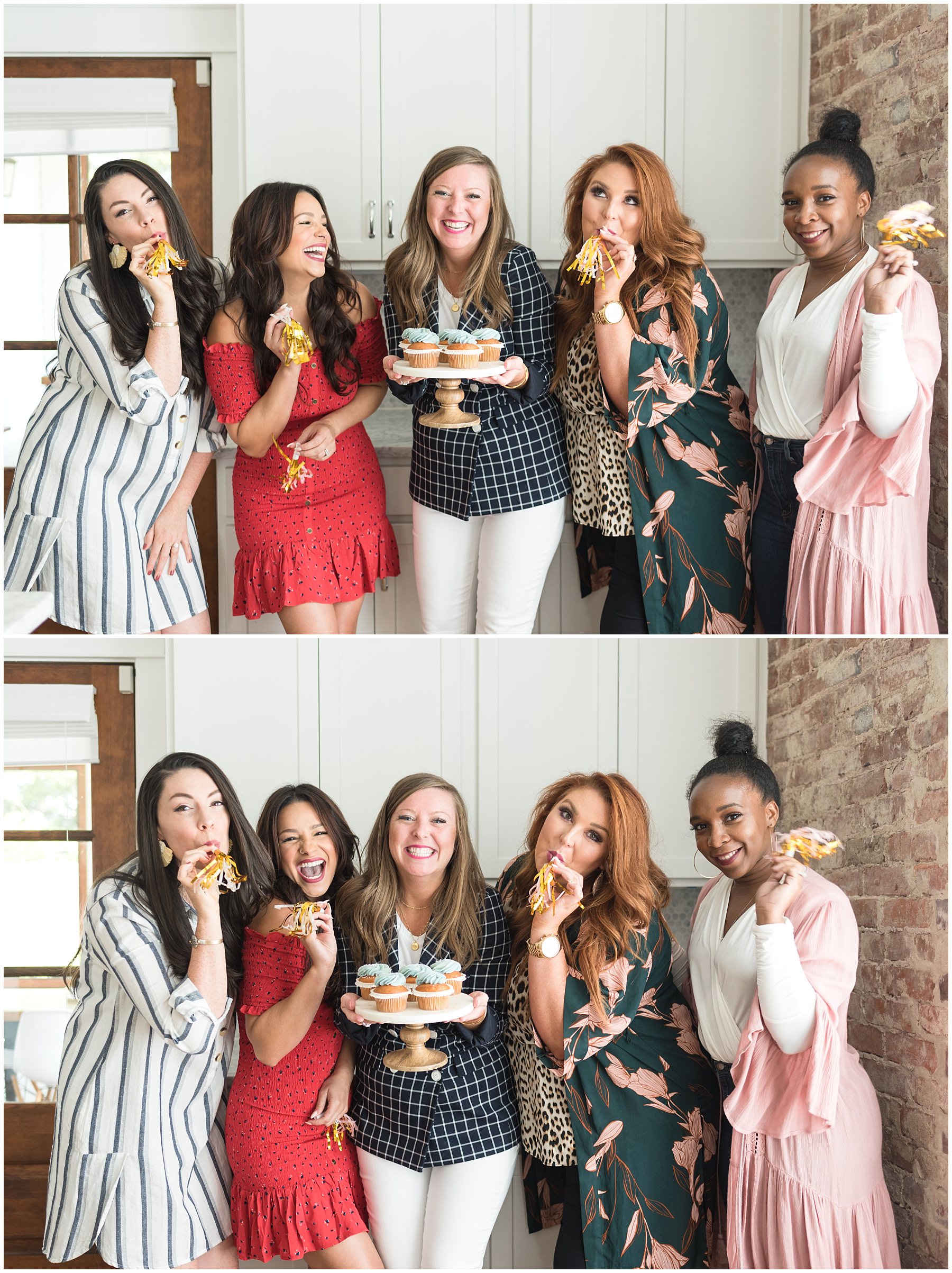Group of female entrepreneurs celebrating with cupcakes and streamers