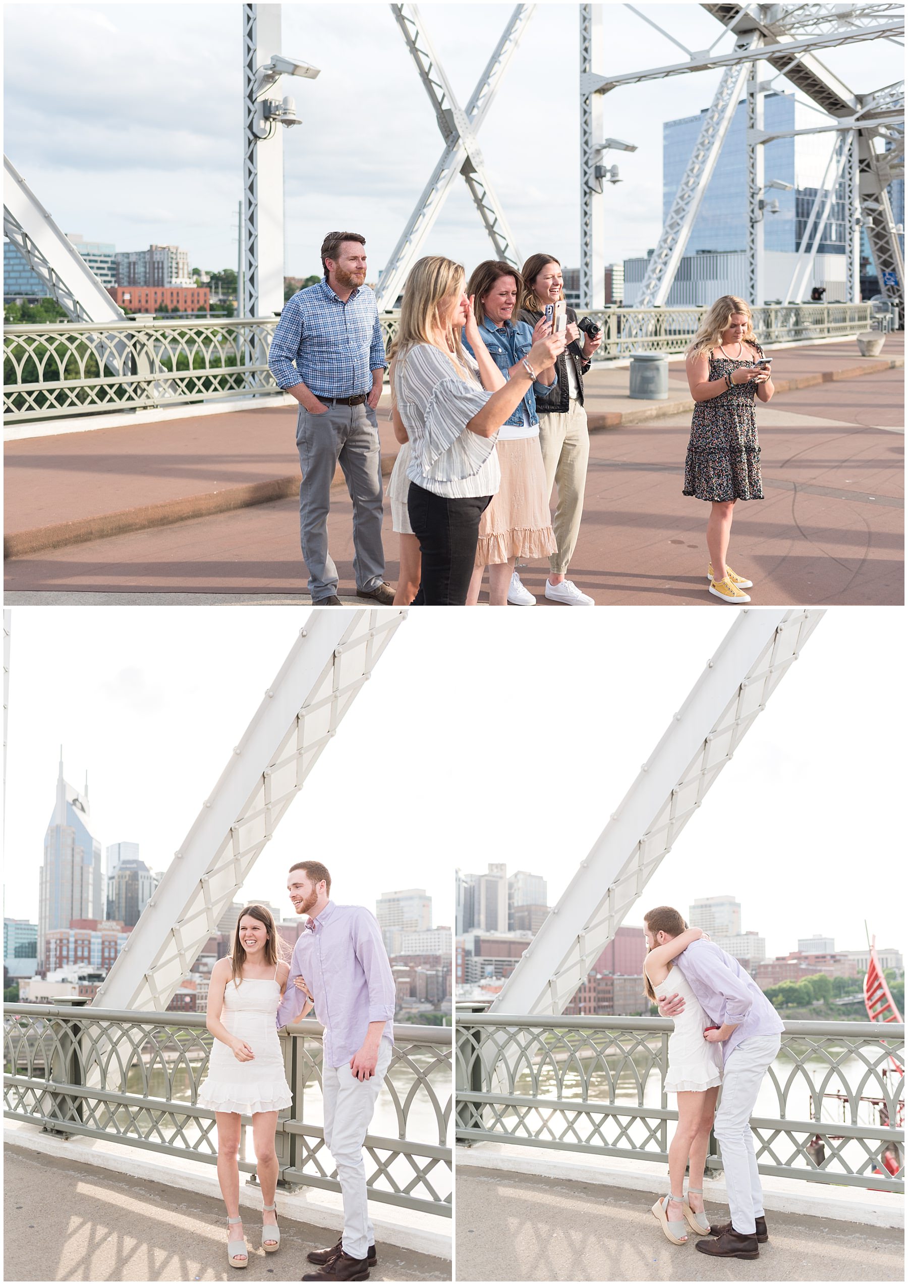 Surprise proposal in Downtown Nashville on the Pedestrian Bridge