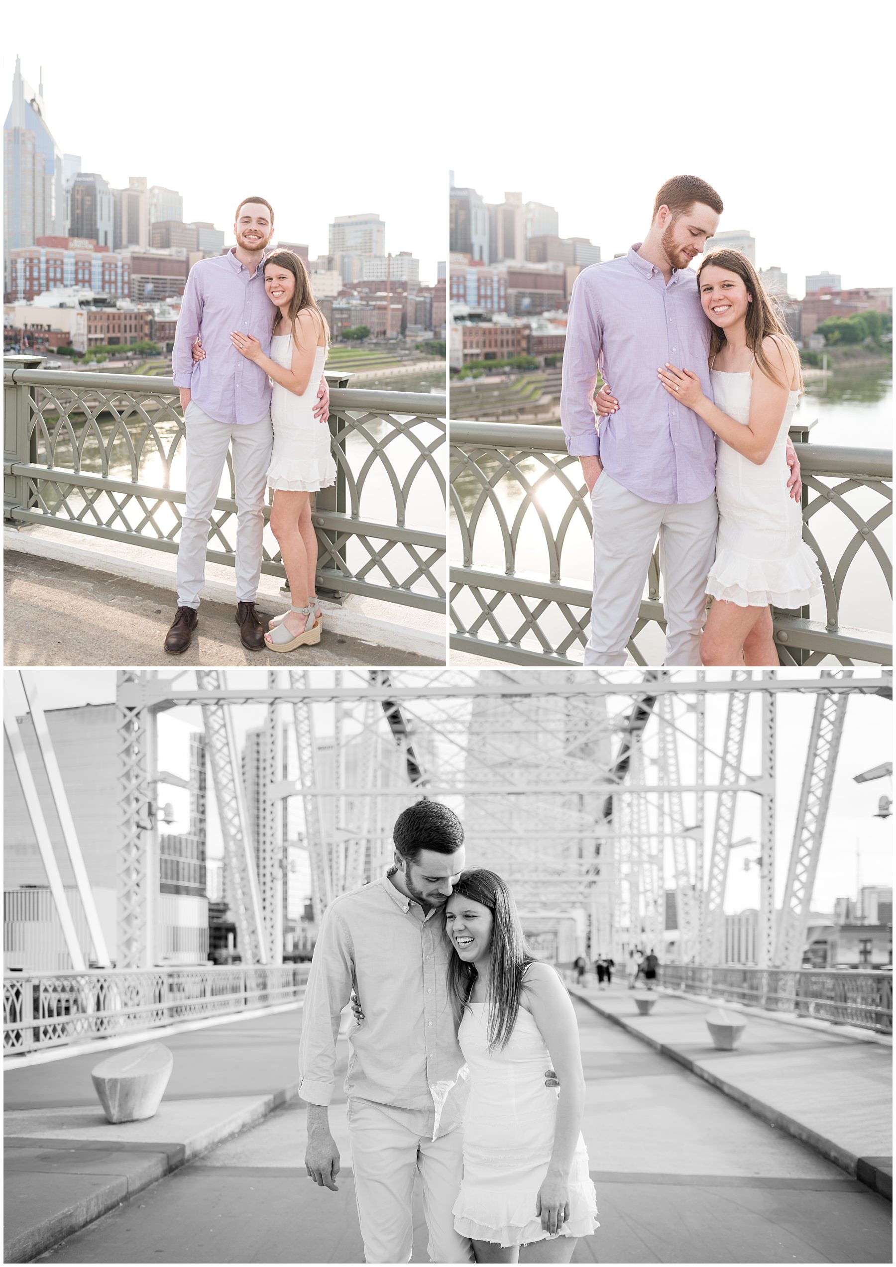 Summer engagement pictures on the Pedestrian Bridge in Nashville