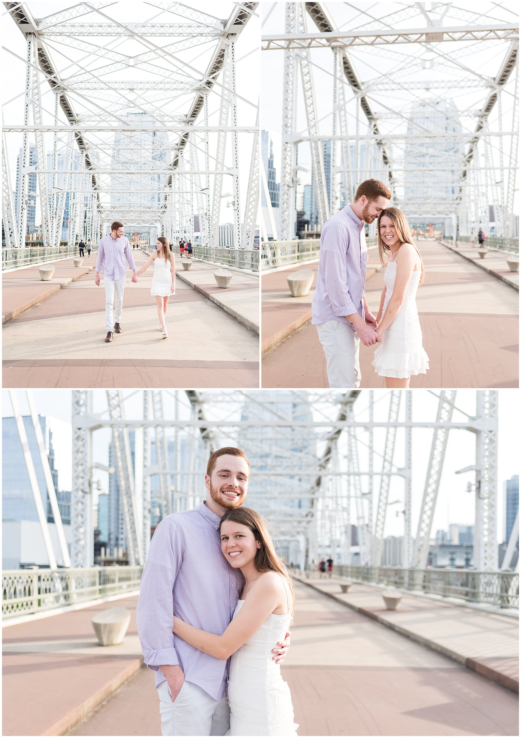 Nashville couple posing for engagement photos on the Pedestrian Bridge
