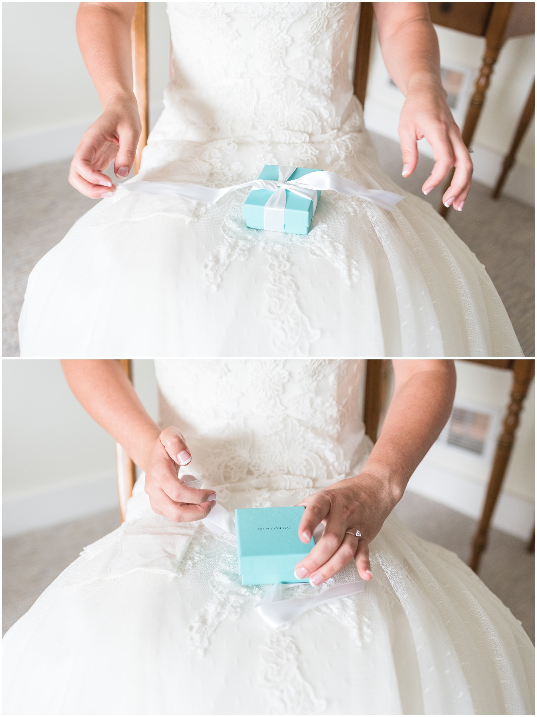 Bride with Tiffanys gift box on wedding day