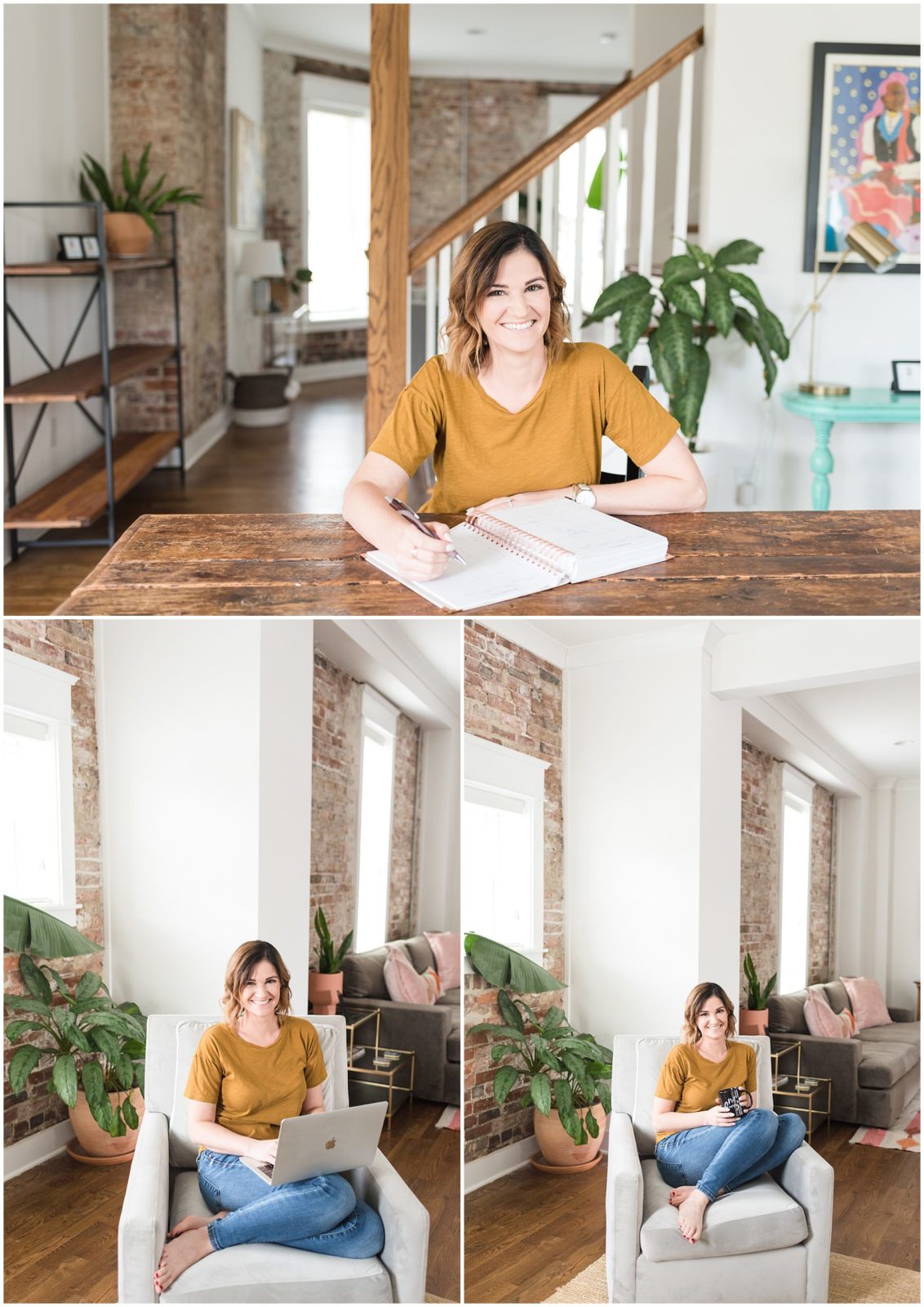 Collage of 3 pictures from a Nashville brand photoshoot. Female business owner posing at a table and at a chair with a notebook, laptop and coffee mug.