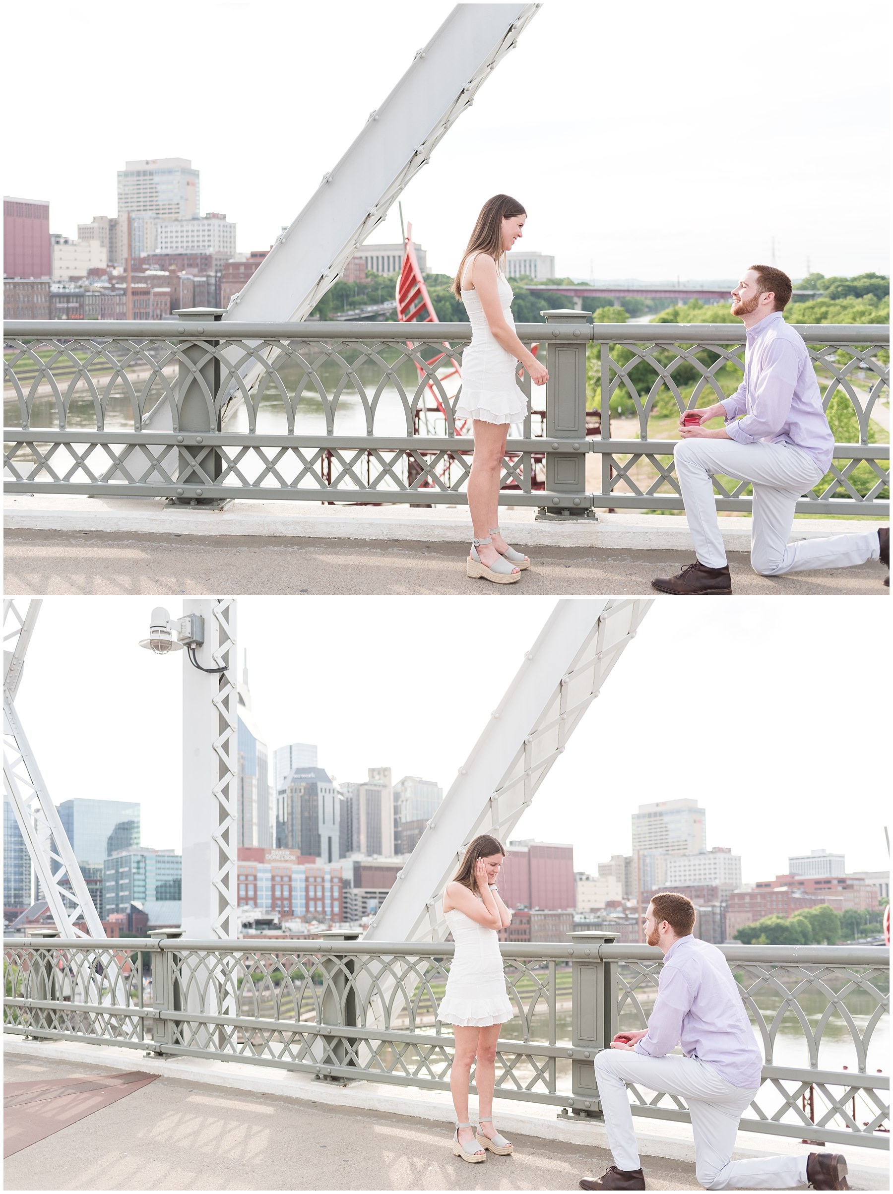 Guy proposing to girlfriend in Downtown Nashville on the Pedestrian Bridge
