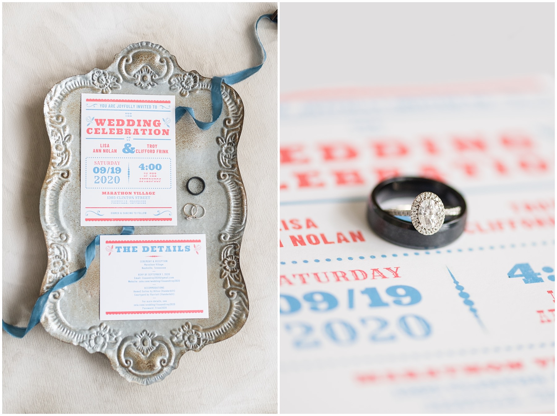 Nashville wedding detail photos of the invitations and rings.